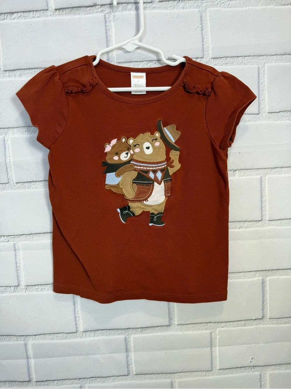 Gymboree Girls Bear Graphic Flutter Sleeve T-Shirt Size 7 Brown Cute Cotton Top